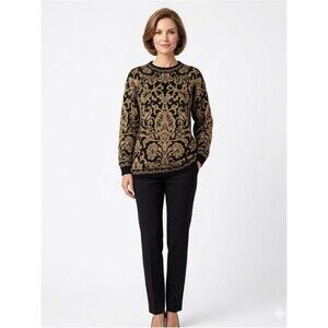 ALFRED DUNNER Sweater Black Metallic Gold Shoulder Pads Size 42 VINTAGE USA